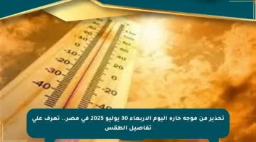 تحذير من موجة حارة اليوم الأربعاء 30 يوليو 2025 في مصر.. تعرف على تفاصيل الطقس